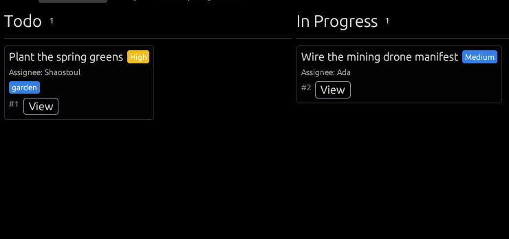 A task board with to do, in progress, and done columns